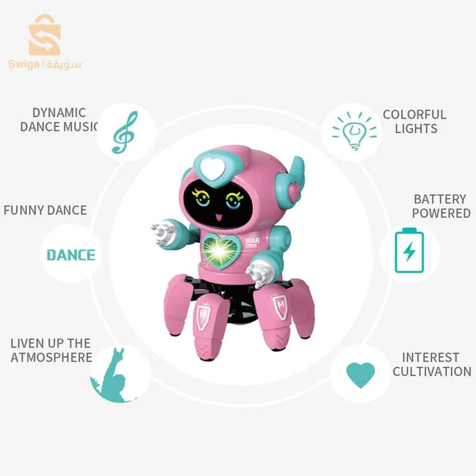 روبوت راقص موسيقي - 7 ألوان إضاءة - ذراع متحرك - قدم متحركة - يعمل بالبطارية 3 سنوات (أبيض - أزرق - برتقالي