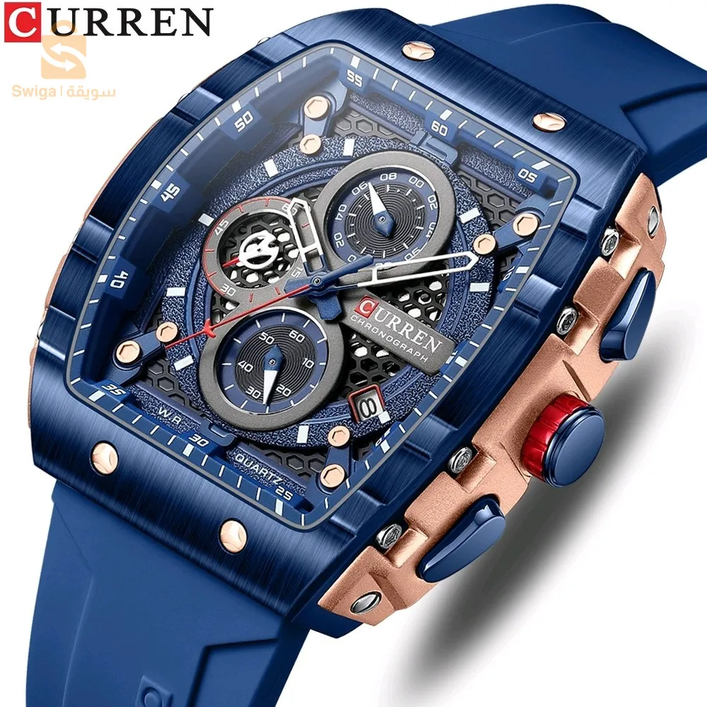 URREN – montre Original bracelet en Silicone pour hommes chronographe étanche 8442 -Bleu orange noir