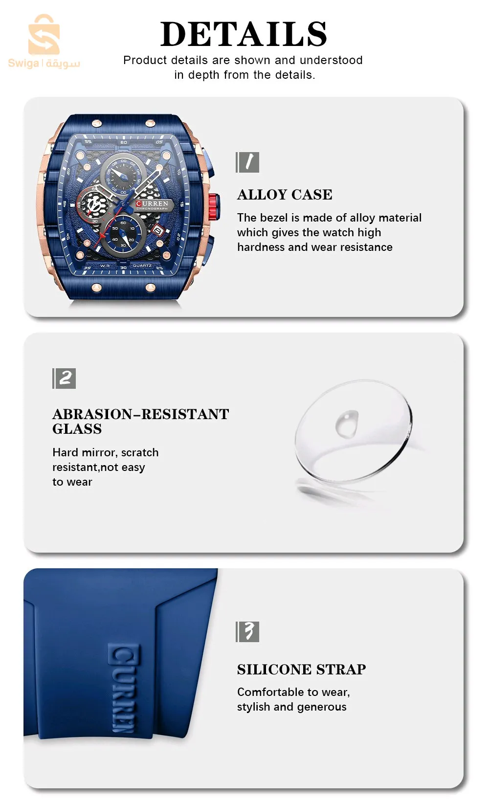 CURREN – montre Original bracelet en Silicone pour hommes chronographe étanche 8442 -Bleu navy