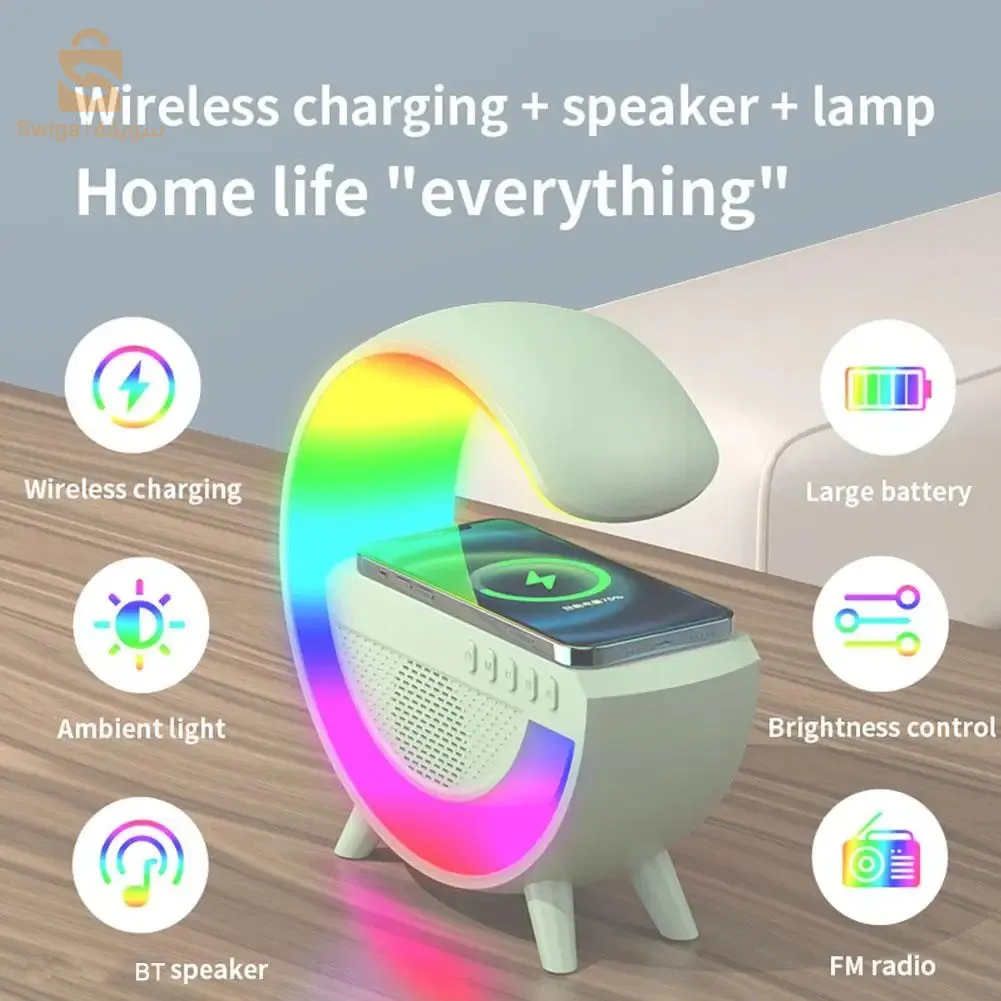Large G-shaped LED wireless charger, smart night light, Bluetooth 5.2, desk clock, speaker, RGB atmosphere lamp