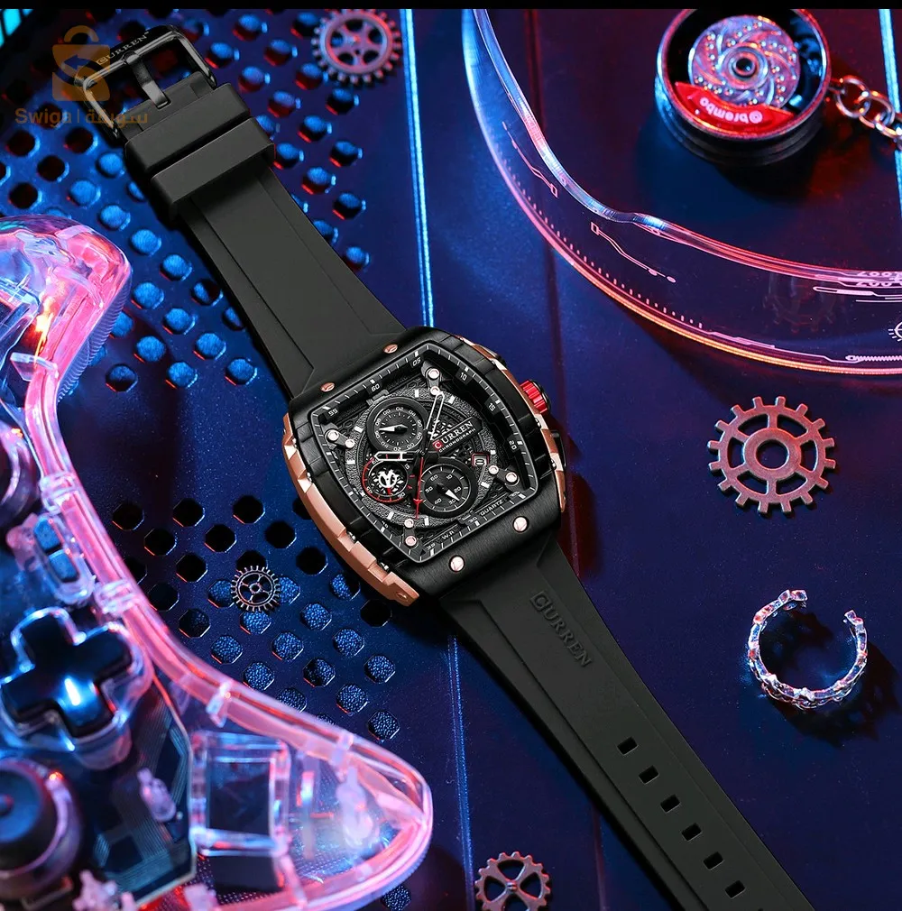 CURREN – montre Original bracelet en Silicone pour hommes chronographe étanche 8442 -Noire