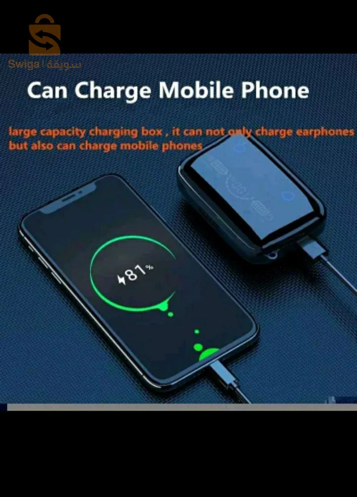 متوفر توصيل الى باب المنزل
سماعات بلوتوث #M19 المقاومه للماء تعمل كـ سماعات وشاحن للهواتف 🖤  
 🟥المواصفات 👇
◽️ لون اسود مميز⚫️
◾️ سماعة بلوتوث + باور بنك تقدر تشحن تليفونك
◽️شاشة LED لمعرفة نسبة شحن السماعة
◾️ صوت محيطي نقي مناسب للألعاب و الرياضة
◽️ بلوتوث 5.1
◾️ التحكم في مستوي الصوت عن طريق اللمس
◽️مسافة الإرسال:> 10-15 م
◾️ صوت Bass واضح و عالي جدا
◽️ميكروفون عالي الجودة
◾️ تدعم ميزة الحد من الضوضاء 
◽️ تحكم عن طريق لمس السماعات
◾️ متوافقة مع جميع اجهزة( الايفون و سامسونج و هواوي وكل الهواتف)
◽️بطارية السماعة تدوم 4ساعات متواصلة 
◾️بطارية العلبة الخاص بها تدوم ل7 أيام
◽️ تدعم الاقتران التلقائي 
◾️تشفير الصوت SBC
▫️وضع التعديل : 8DPSK, 4DQPSK, TT, GFSK
◾️ جودة الصوت 9D, تعمل باللمس