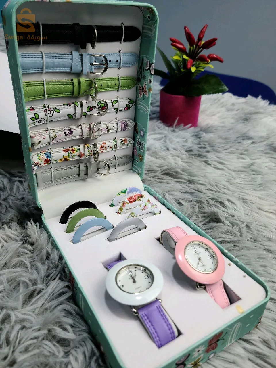 Coffret montre pour fille avec bracelets et Anneaux interchangeables-علبة ساعة مع أساور وخواتم قابلة للتبديل$👍