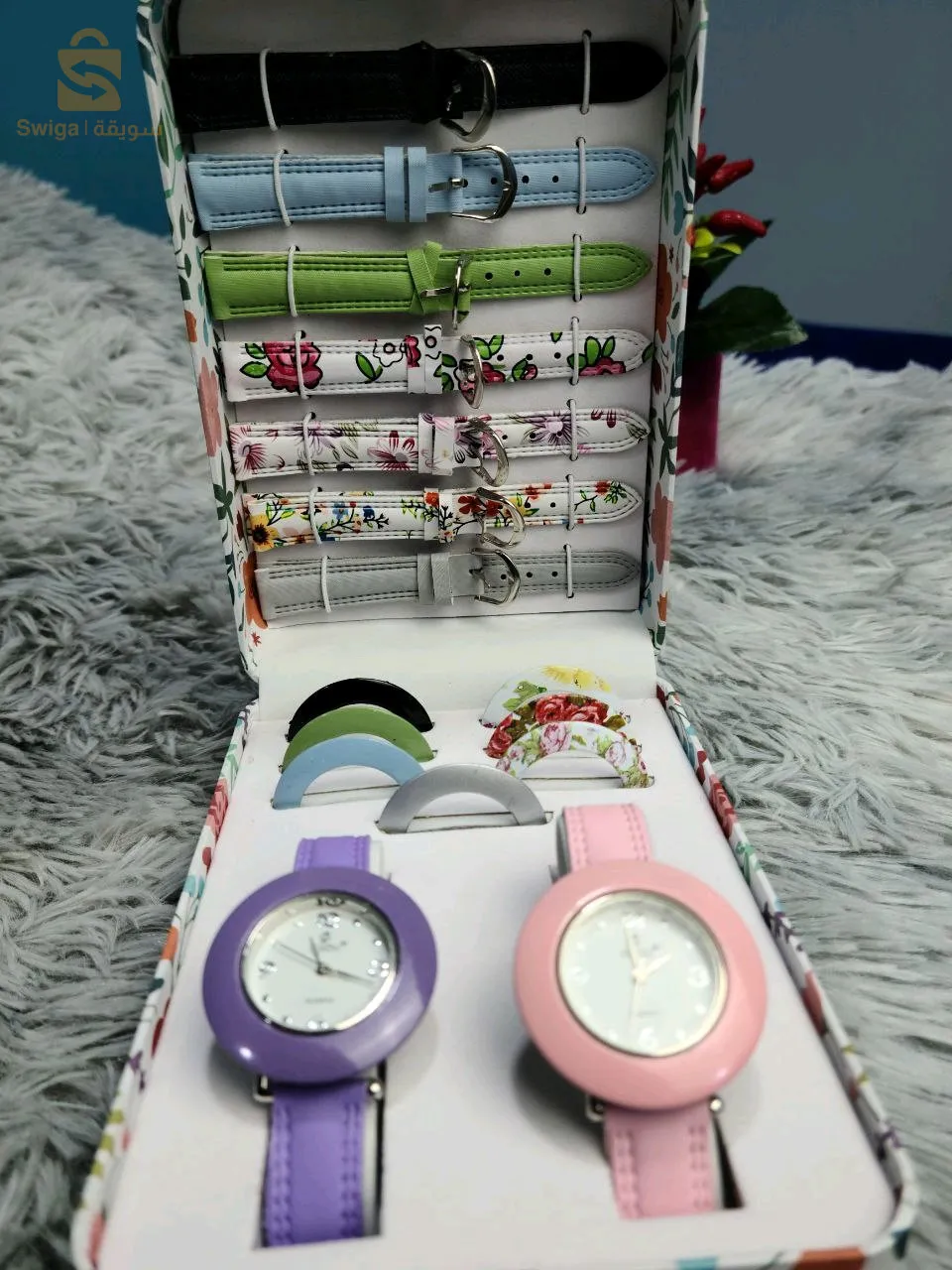 Coffret montre pour fille avec bracelets et Anneaux interchangeables-علبة ساعة مع أساور وخواتم قابلة للتبديل$👍