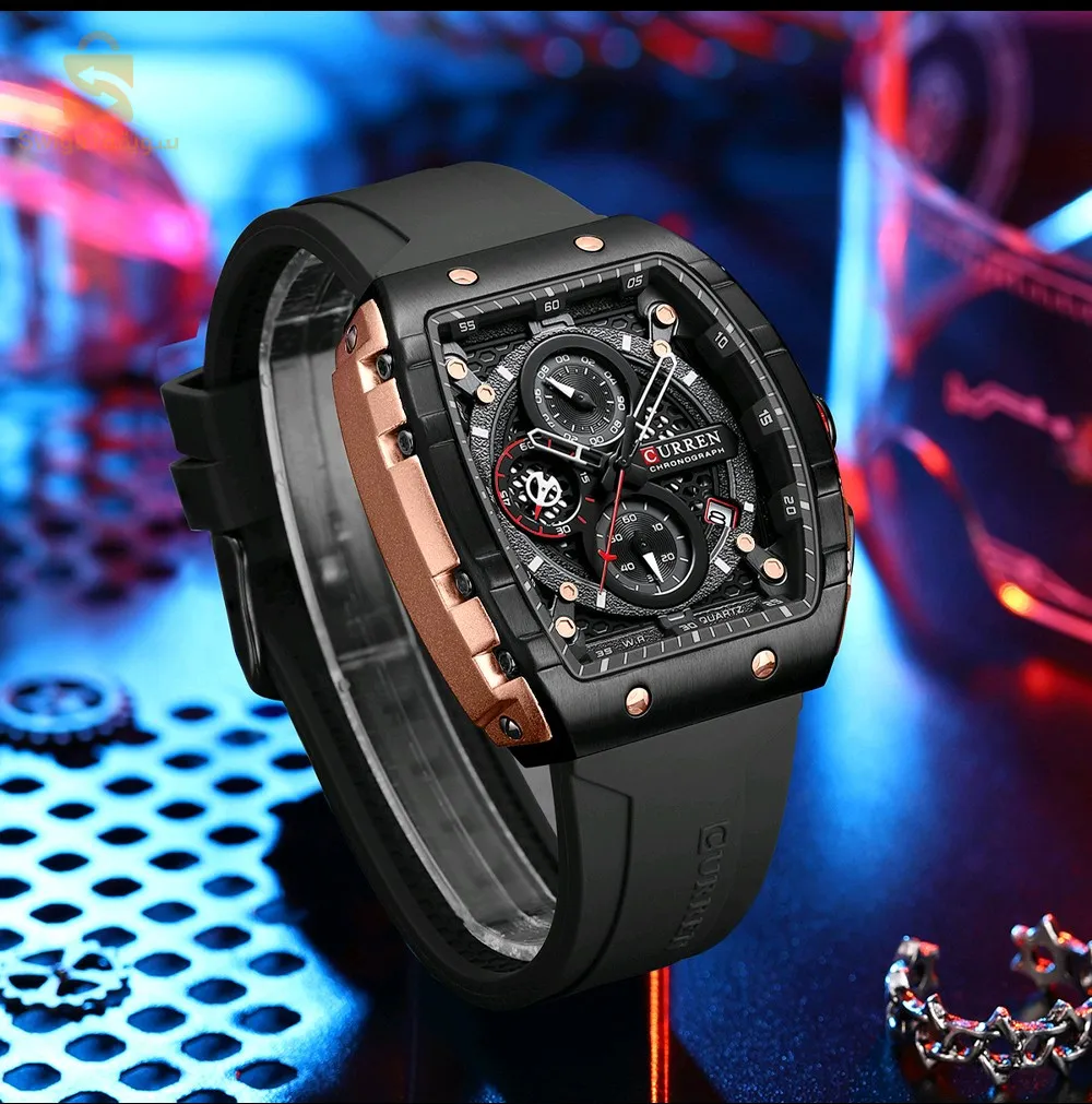 CURREN – montre Original bracelet en Silicone pour hommes chronographe étanche 8442 -Noire