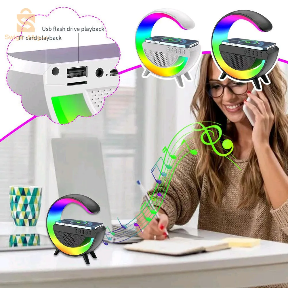 Large G-shaped LED wireless charger, smart night light, Bluetooth 5.2, desk clock, speaker, RGB atmosphere lamp