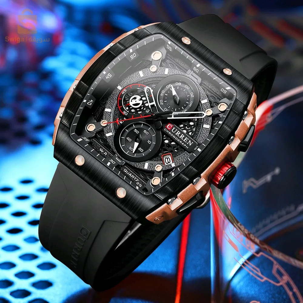 CURREN – montre Original bracelet en Silicone pour hommes chronographe étanche 8442 -Noire