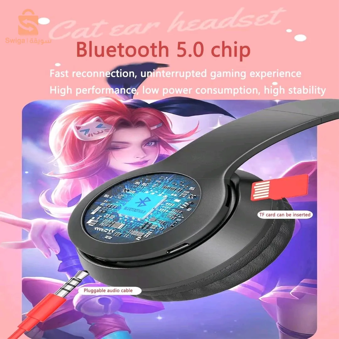 سماعات بلوتوث لاسلكية مع وامض LED Cat Ears P47M$👍