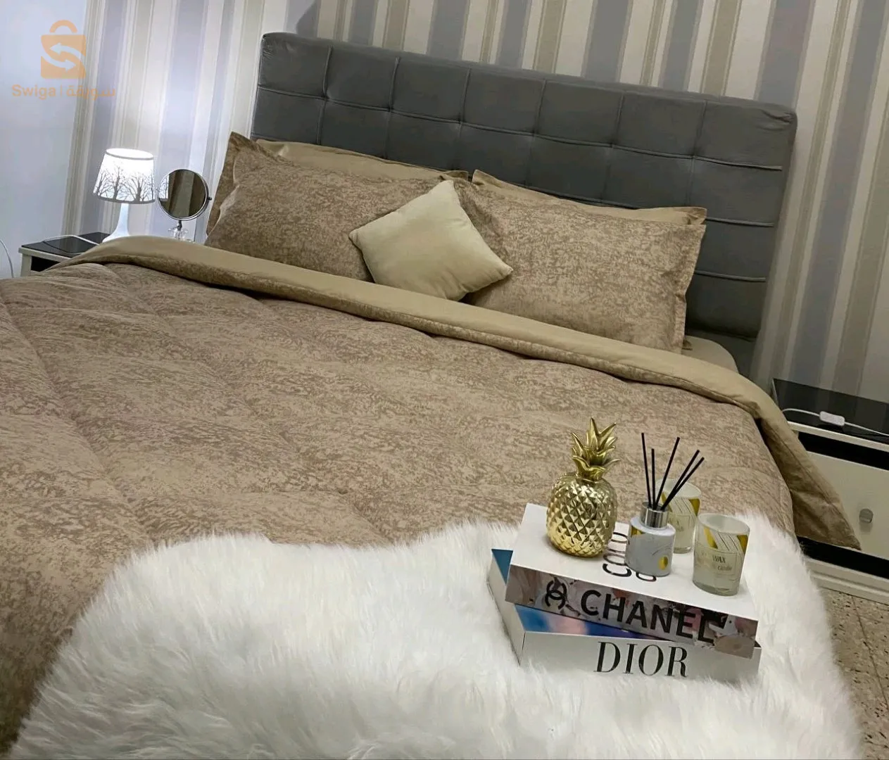 Parure de Couette deux places 6 pièce :modèle BEIGE SIMPLE