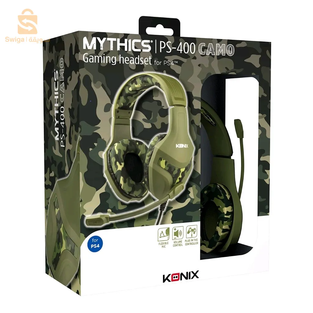 سماعة الألعاب السلكية Konix Mythics PS-400 لوحدة التحكم، ومكبرات صوت 40 مم، وميكروفون، ونمط مموه باللون الأخضر الكاكي$👍