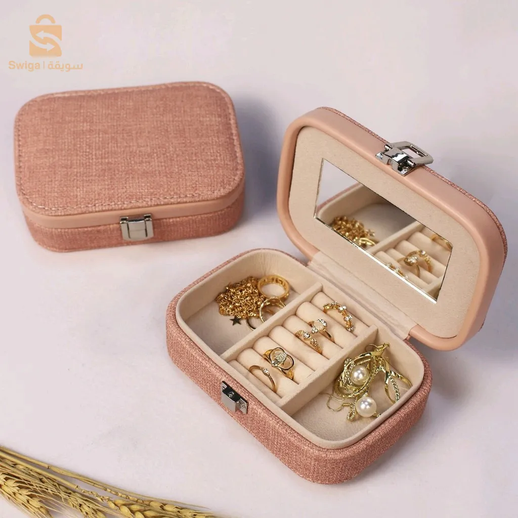 صندوق تخزين المجوهرات بمرآة محمولة من جلد البولي يوريثان$👍