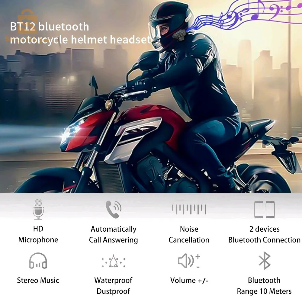 سماعات لاسلكية للدراجات النارية بلوتوث 5.0 مقاومة للماء FM GPS وجهان BT12$👍