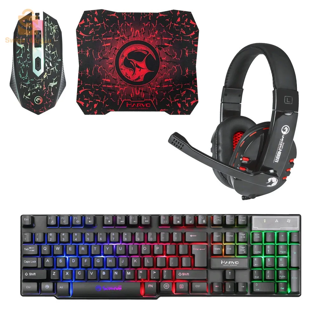 حزمة 4 في 1 لوحة مفاتيح + ماوس + سماعات رأس + لوحة ماوس Marvo Scorpion CM370$👍