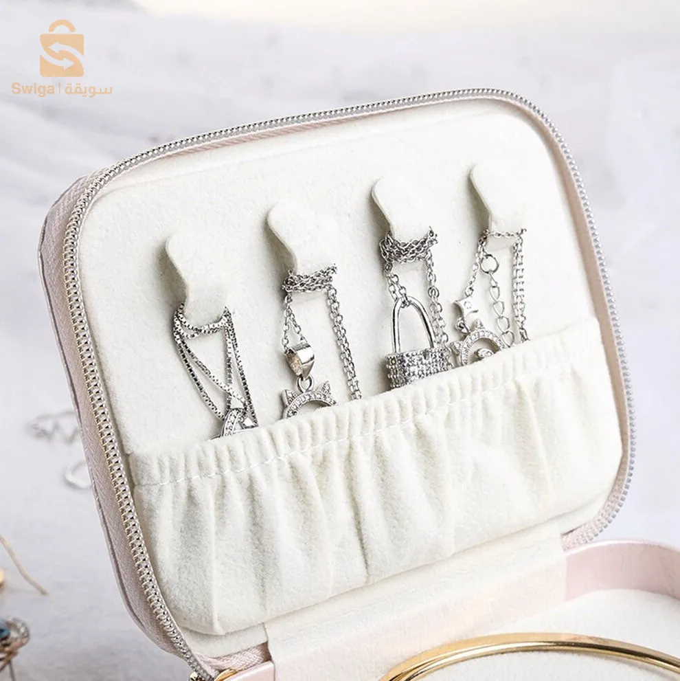 Trousse à bijoux en cuir PU anti-poussière à double couche avec miroir - منظم مجوهرات أنيق مزدوج الطبقات للسفر$👍