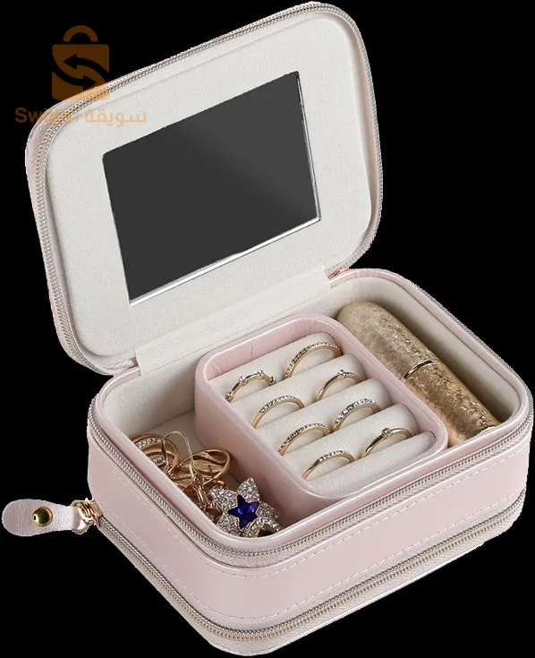 Trousse à bijoux en cuir PU anti-poussière à double couche avec miroir - منظم مجوهرات أنيق مزدوج الطبقات للسفر$👍