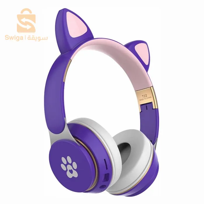 T22 Casque Bluetooth sans fil chat mignon avec MICRO SD et port audio auxiliaire 3,5 mm compatible avec les appareils mobiles