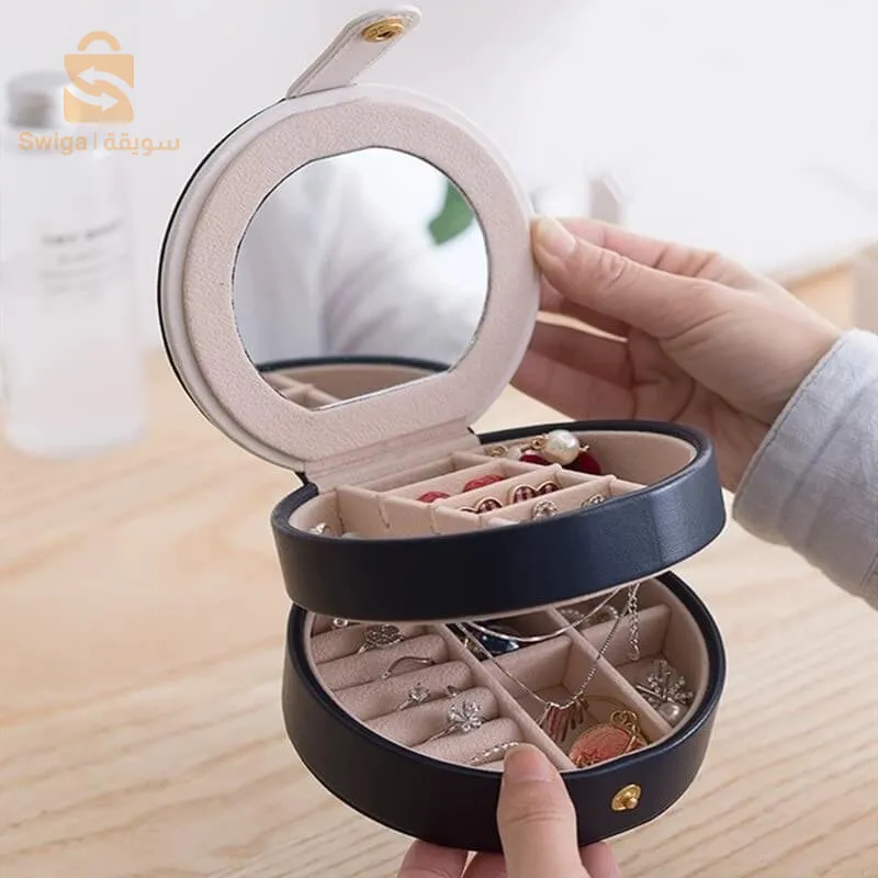 صندوق مجوهرات من جلد البولي يوريثان مزدوج الطبقات مقاوم للغبار مع مرآة$👍