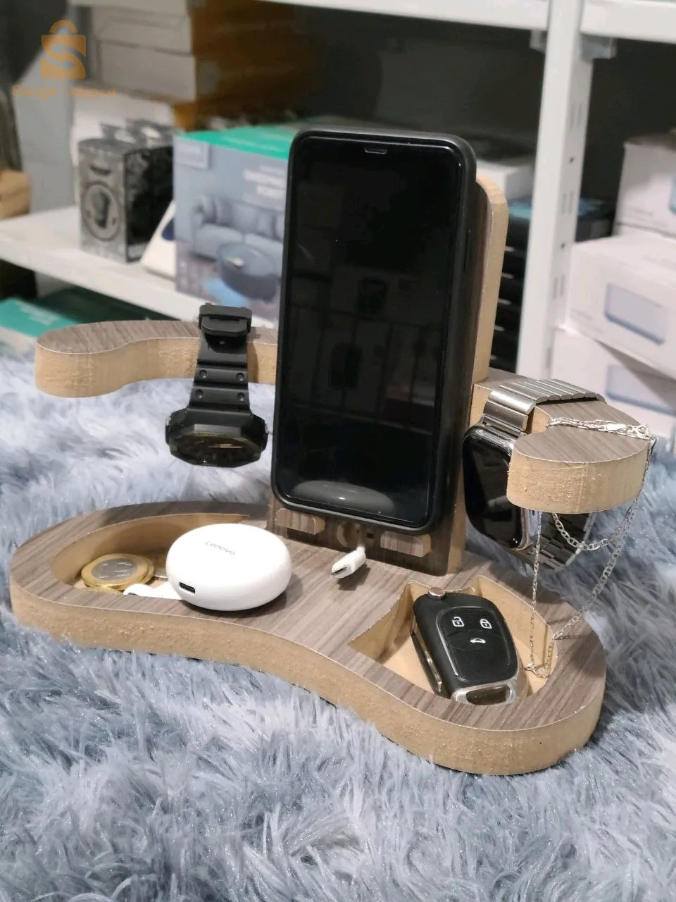 Support de téléphone en bois & porte clé & porte objets pour bureau et table de nuit.