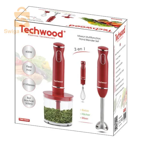 Mixeur Plongeant 3en1 Multifonction en INOX, Battre, Hacher,Mixer 600W Techwood TMS-9605/9666$👍