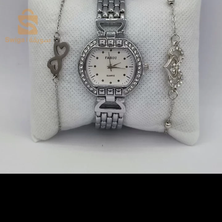 ساعة نسائية فخمة مع اسوارتين بعدة الوان