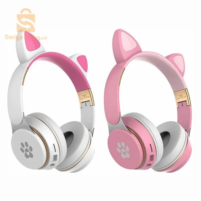 T22 Casque Bluetooth sans fil chat mignon avec MICRO SD et port audio auxiliaire 3,5 mm compatible avec les appareils mobiles