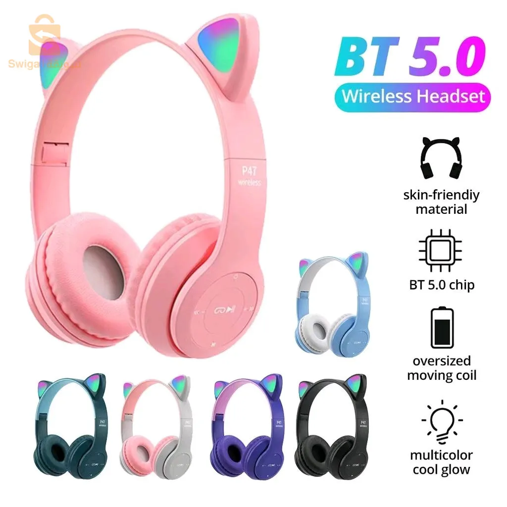 سماعات بلوتوث لاسلكية مع وامض LED Cat Ears P47M$👍