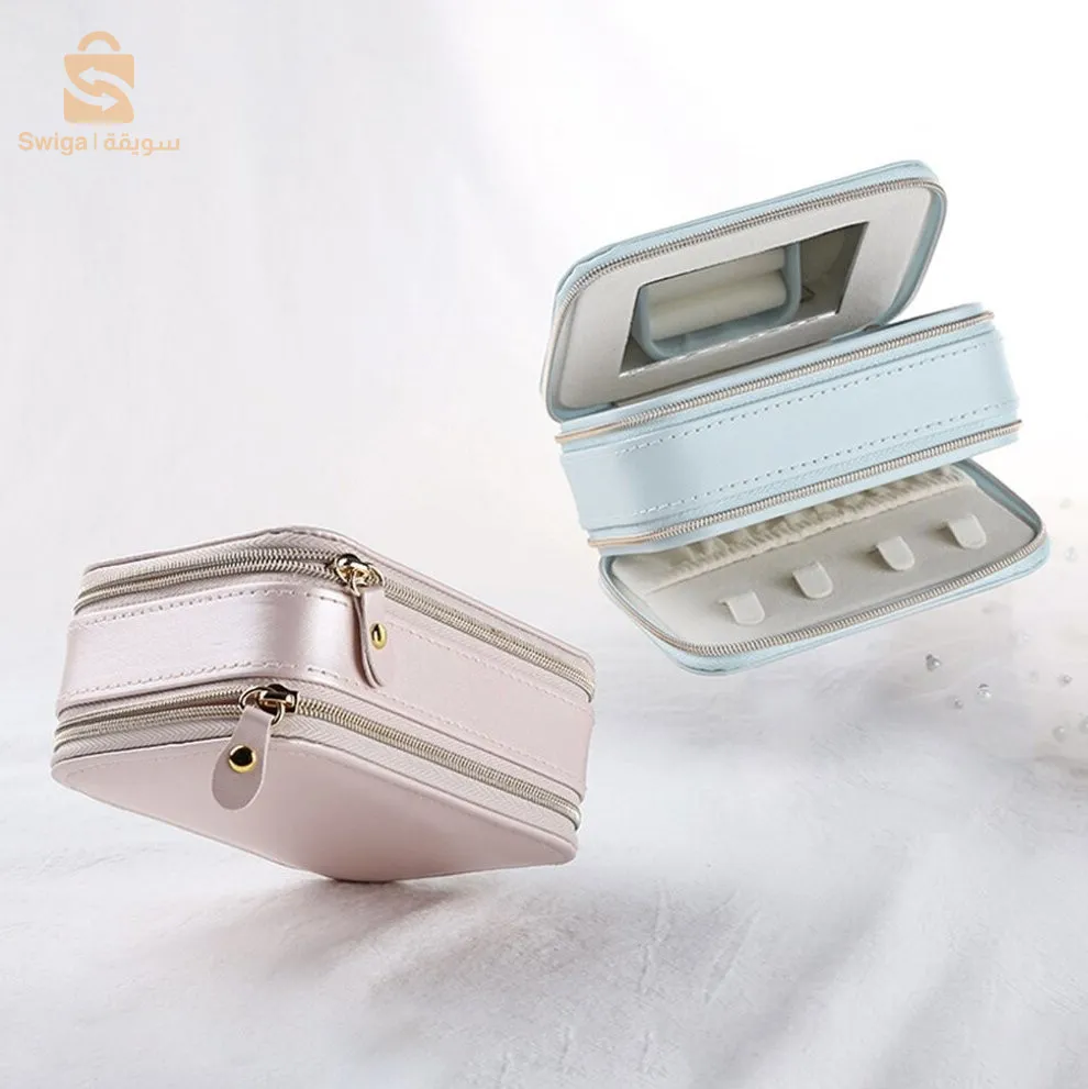 Trousse à bijoux en cuir PU anti-poussière à double couche avec miroir - منظم مجوهرات أنيق مزدوج الطبقات للسفر$👍