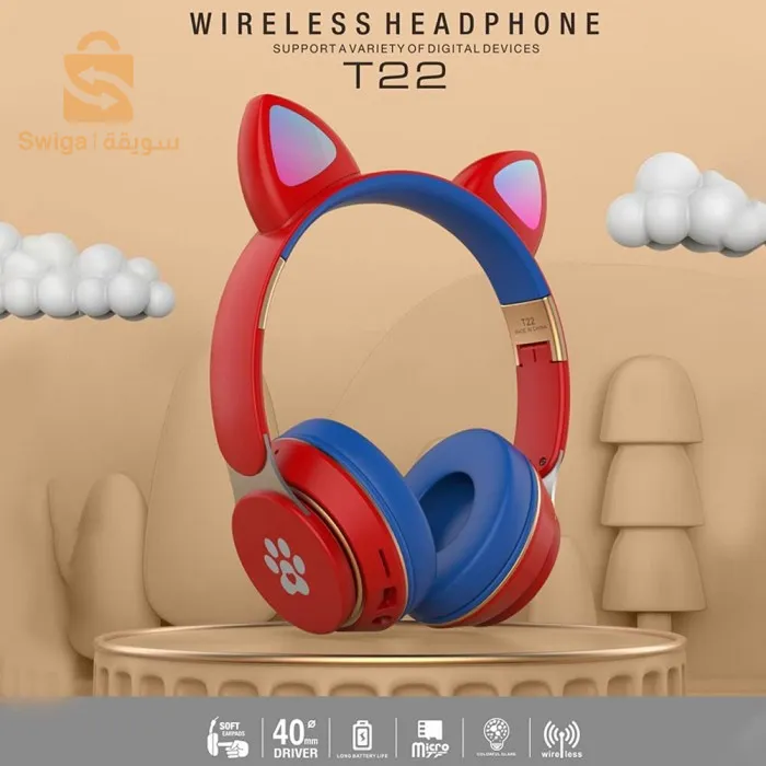 T22 Casque Bluetooth sans fil chat mignon avec MICRO SD et port audio auxiliaire 3,5 mm compatible avec les appareils mobiles