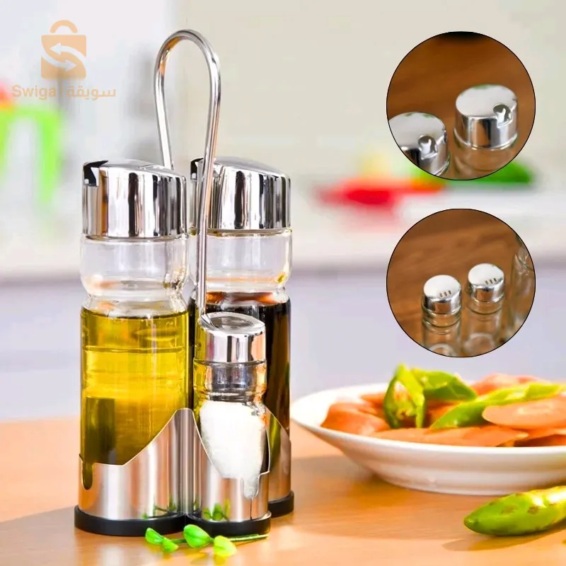 طقم من 4 قطع موزع زيت وخل ملح وفلفل، مع حامل ستانلس ستيل$👍