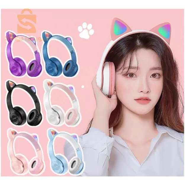سماعات بلوتوث لاسلكية مع وامض LED Cat Ears P47M$👍