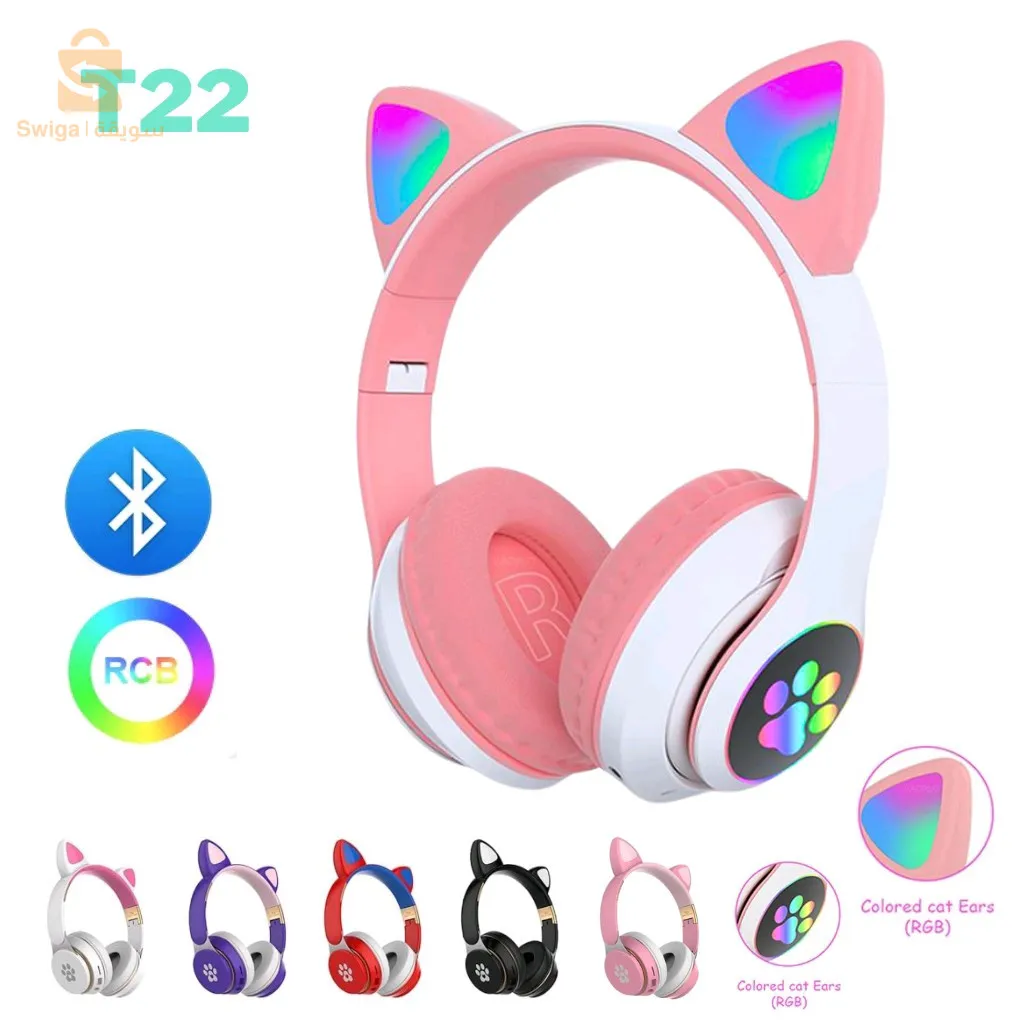 T22 Casque Bluetooth sans fil chat mignon avec MICRO SD et port audio auxiliaire 3,5 mm compatible avec les appareils mobiles