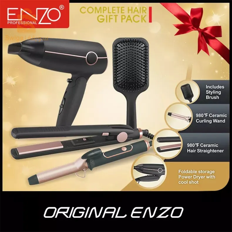 مجموعة PACK Enzo Professional 4in1 الأصلية (مجفف + فرشاة تسخين + مملس + مجعد) EN-6302$👍