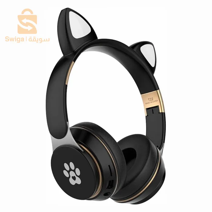 T22 Casque Bluetooth sans fil chat mignon avec MICRO SD et port audio auxiliaire 3,5 mm compatible avec les appareils mobiles