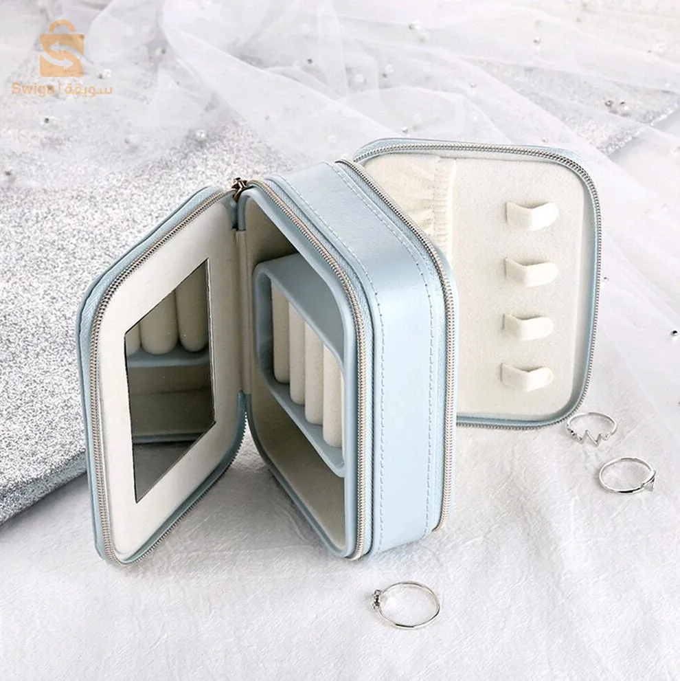 Trousse à bijoux en cuir PU anti-poussière à double couche avec miroir - منظم مجوهرات أنيق مزدوج الطبقات للسفر$👍