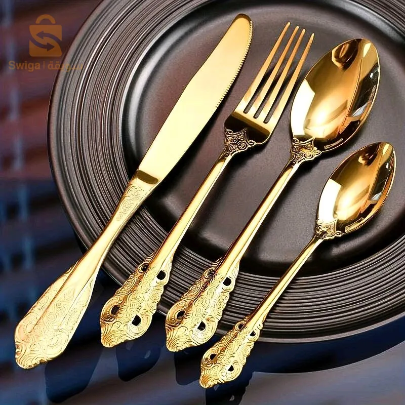 أدوات مائدة فاخرة من الفولاذ المقاوم للصدأ، لون ذهبي، شوكة، سكين، ملعقة، صندوق ذهبي 24 قطعة$👍