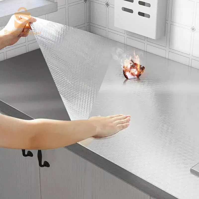 ملصق رقائق ألومنيوم مضاد للزيت بطول 5 متر ذاتي اللصق للمطبخ$👍