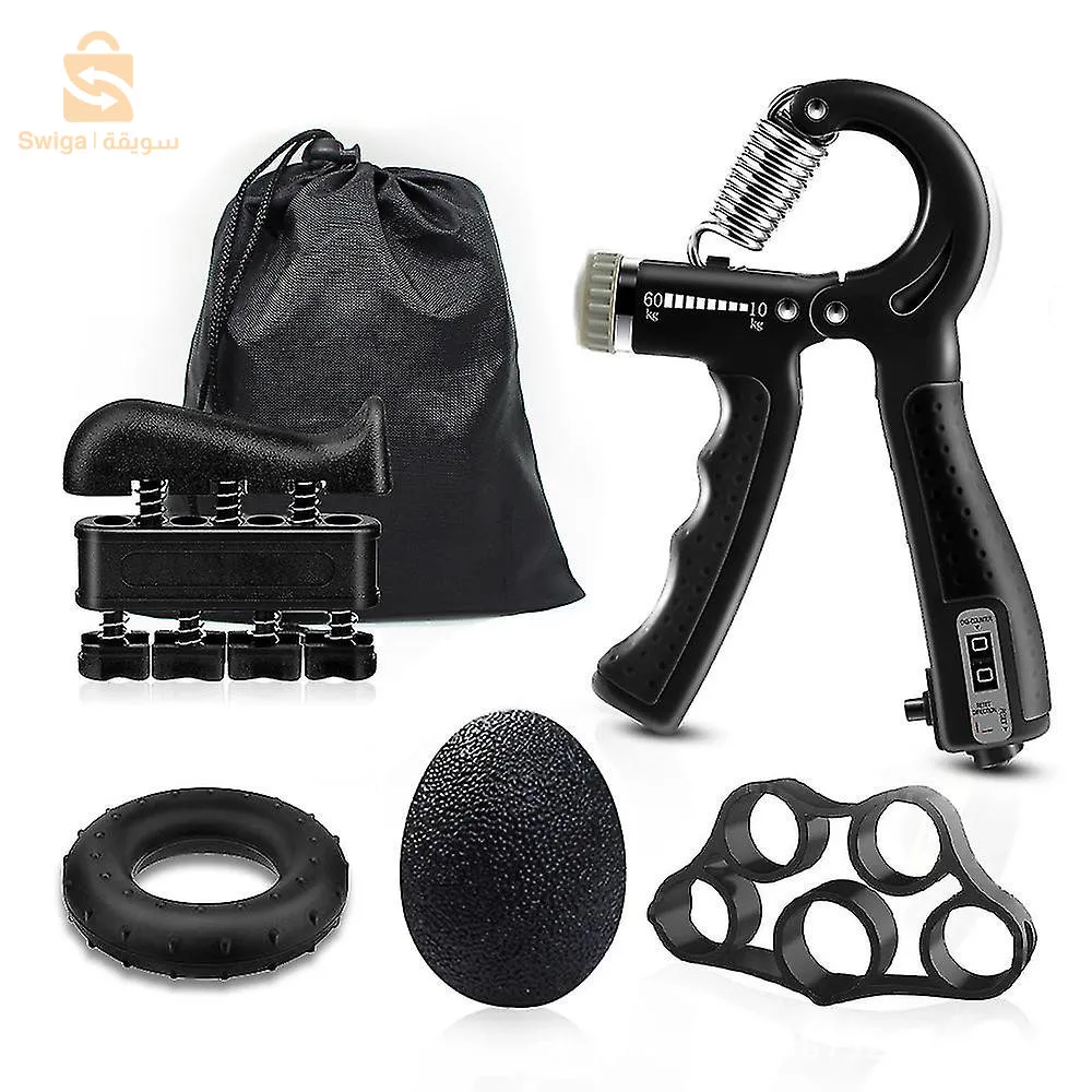 جموعة أدوات تقوية قبضة اليد (5 قطع) مدرب قوة قبضة اليد، تمرين الساعد، قابل للتعديل، تقوية الأصابع، حلقة وكرة ضغط مع حقيبة حمل