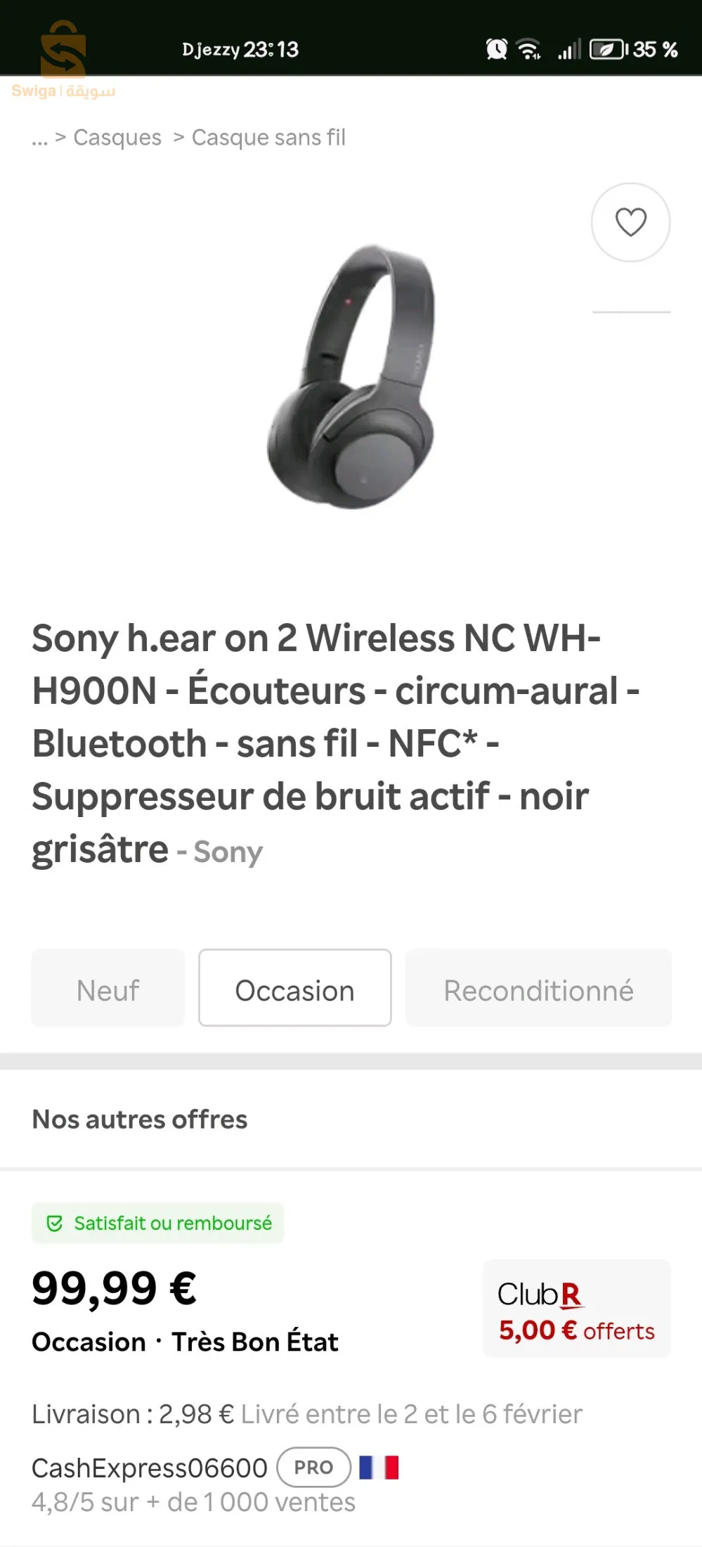 Casque Sony haute gamme original
Model WH 900N
