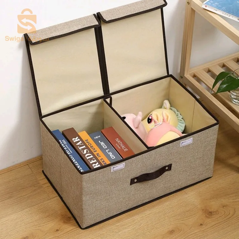 صناديق تخزين قماشية قابلة للطي بفتحة مزدوجة، مع مقابض من الحبال القطنية$👍