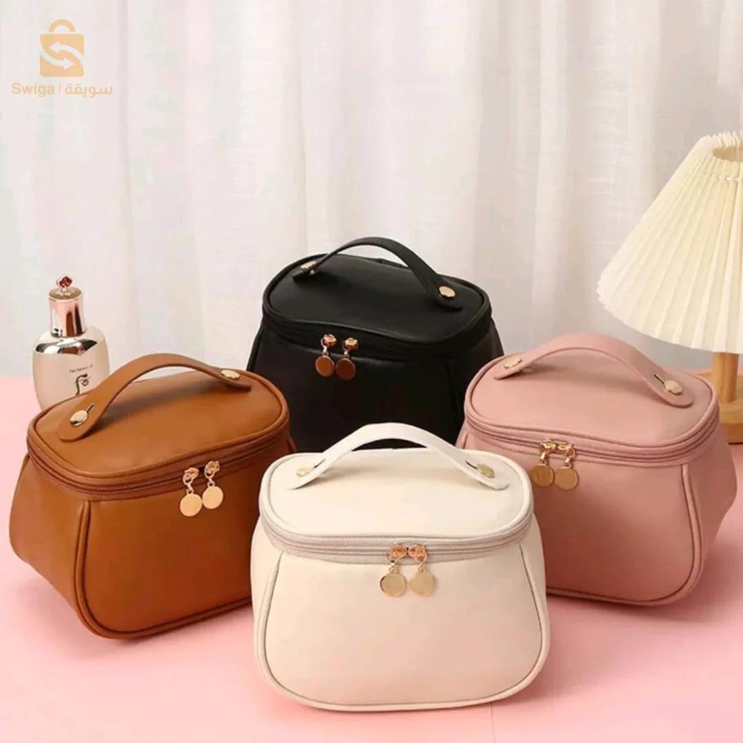 حقيبة مستحضرات التجميل النسائية للسفر من جلد البولي يوريثان، حقيبة مكياج محمولة ذات سعة كبيرة$👍
