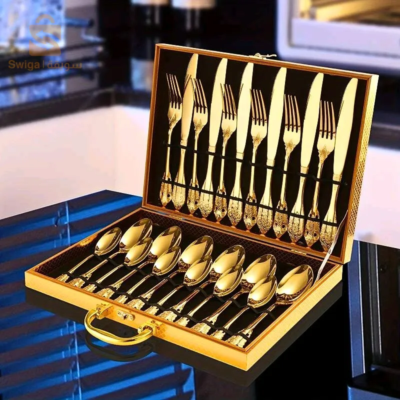 أدوات مائدة فاخرة من الفولاذ المقاوم للصدأ، لون ذهبي، شوكة، سكين، ملعقة، صندوق ذهبي 24 قطعة$👍
