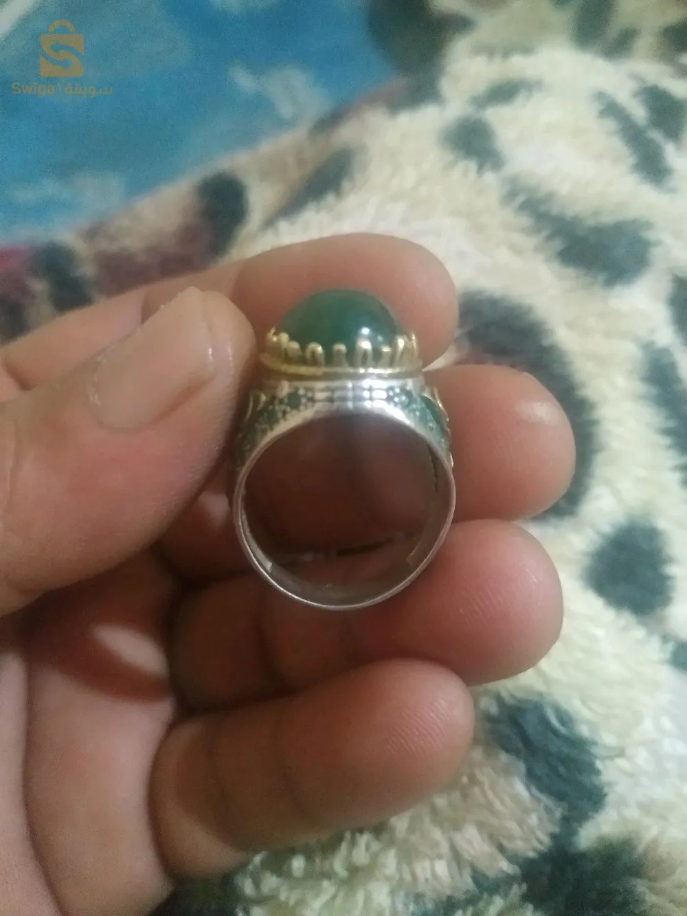 خاتم فضة متزوج بالعقيق الأخضر النادر الخاص بأولياء الله الصالحين