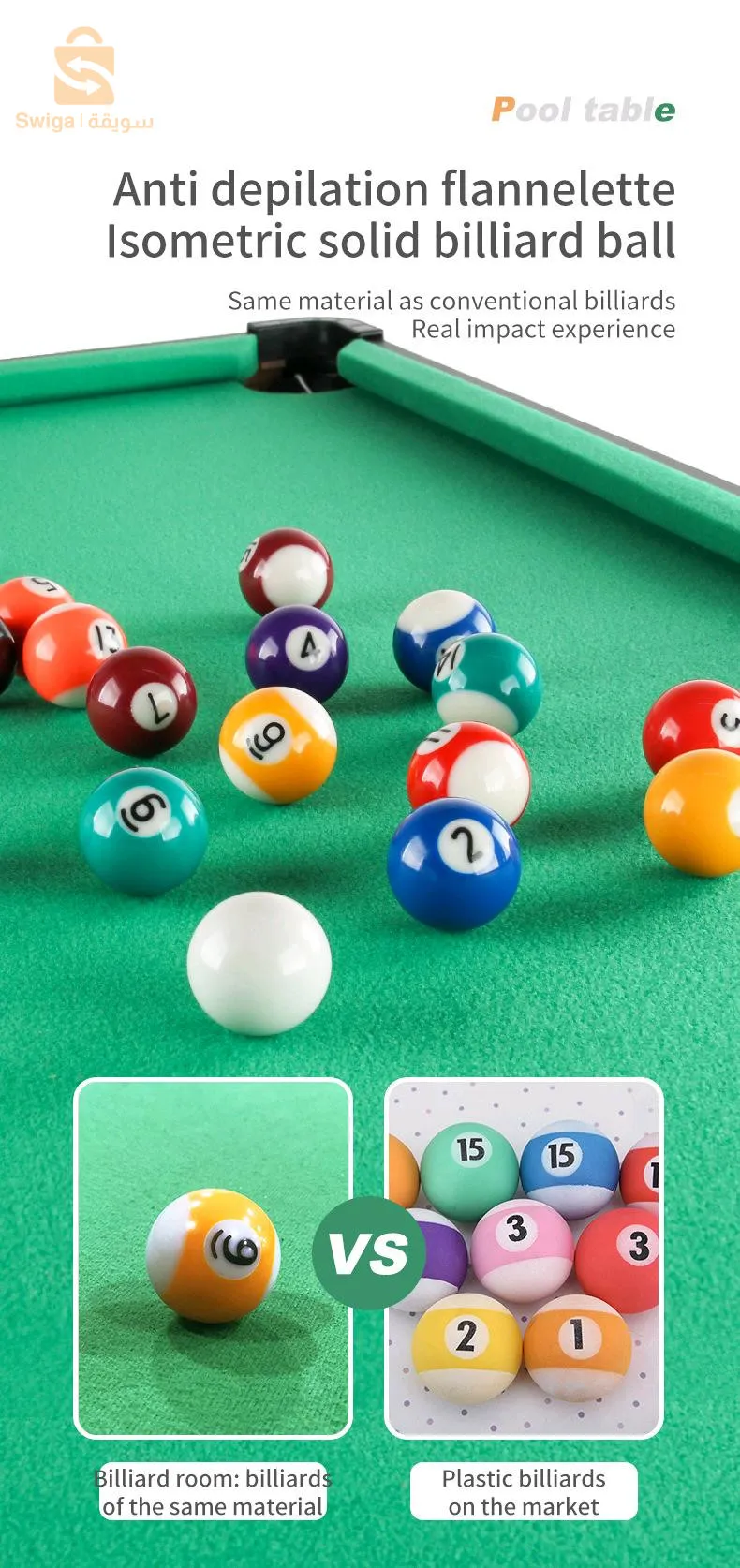 Table de Billard en Bois avec pieds de table - طاولة بلياردو خشبية مع أرجل الطاولة
مواصفات المنتج :
أبعاد طاولة البلياردو: الطول × العرض × الارتفاع: 69 سم × 36.5 سم × 69 سم
يبلغ ارتفاع ساق الطاولة 69 سم، وهي مريحة للعب
التصميم يشبه طاولة بلياردو حقيقية
الطاولة مصنوعة من خشب MDF سميك للغاية وعالي الجودة والجزء العلوي مغطى بالمخمل.
الطاولة مجهزة بعصاين من الخشب الطبيعي ووعاء واحد و15 كرة سيراميك جميلة
تفاصيل المسمار قوية جدًا، ومقاومة للحمل، ومضمونة لتكون متينة للغاية، ويمكن استخدامها لفترة طويلة دون أن تتعرض للتلف
منتجات متميزة بمواد عالية الجودة وتفاصيل دقيقة وجميلة للغاية
7900دج
0665955230وق👉viber watts