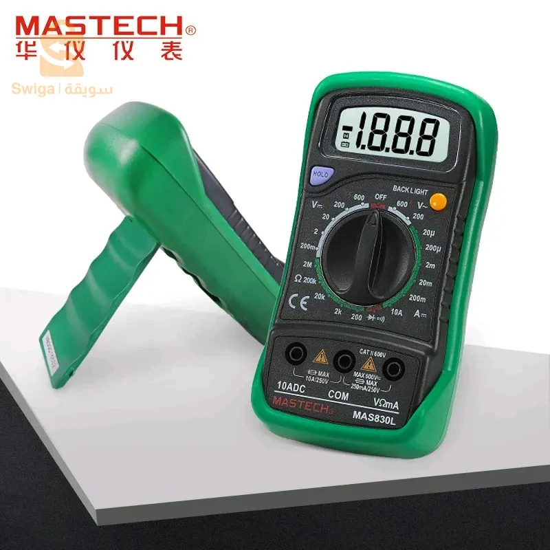 جهاز قياس رقمي متعدد للجيب 830 لتر، جهاز اختبار الجهد الكهربائي AC/DC MASTECH-MAS830L من BiensMAS830L هو أداء مستقر وموثوقية عالية وأداء مضاد للسقوط لمقياس رقمي متعدد محمول 3 1/2. يستخدم هذا المتر المتعدد شاشة LCD.يمكن استخدام هذا الجهاز لقياس جهد التيار المستمر والتيار المتردد والتيار المستمر والمقاومات والصمامات الثنائية والترانزستورات واختبار استمرارية الدائرة.يحتوي هذا الجهاز على إضاءة خلفية، ويمكن بسهولة قراءة عرض القيمة المُقاسة في مكان مظلم. سمات:شاشة ال سي دي: 1.8 بوصةالأعلى. العرض: 2000التوتر CC: 200 م/2 فولت +/- 0,5%، 20/200/600 فولت +/-0,8%التوتر CA: 200/600 فولت +/-1,5%تيار مستمر: 200 / 2 م / 20 مللي أمبير +/- 1.0%، 200 مللي أمبير +/- 2.0%، 10 أمبير +/- 3.0%المقاومة: 200 / 2K / 20K /200K / 2M أوم +/-1.0%مدعوم ببطارية 1 9V NEDA 1604 6F22 (غير متضمنة)اختبار الترانزستور hFE: 1 ~ 1000اختبار الصمام الثنائي والاحتفاظ بالبيانات2800دج0665955230فب👉viber watts