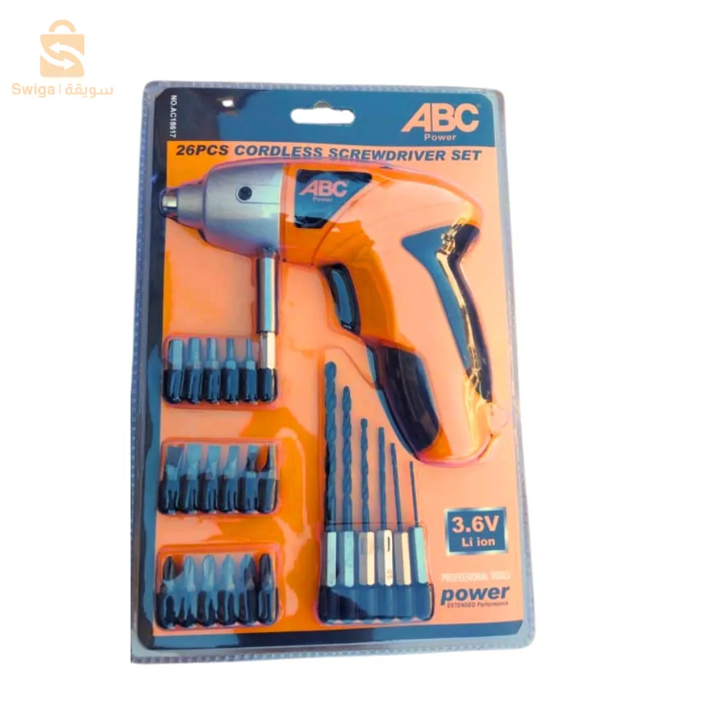 مفك براغي مثقاب ببطارية ليثيوم لاسلكية ABC 3.6 فولت قابل لإعادة الشحن مع 26 قطعة من بناء خفيف الوزنمفتاح منزلق للأمام/الخلفمن السهل التبديل من الشد إلى إزالة المسمارتصميم على شكل حرف T لسهولة التحكمبطارية ليثيوم أيون 1.5 أمبير. 3.6 فولتمدة الشحن: 3 – 5 ساعاتمؤشر LED لطاقة البطاريةمؤشر LED تم تصميم العمود الناعم القابل للتمديد للحفر اليدوي العاديموقف الحفر الكهربائيةحامل مثقاب سداسي واتصال مريحآلة حفر الآبارمريح الدرع يحمي اليدين بشكل كبير يدور حول المحور الداخلي بحريةالتصميم قابل للتغيير حسب المخزون المتوفر.لون برتقاليمع 26 قطعة من النصائح3700دج0665955230وق👉viber watts
