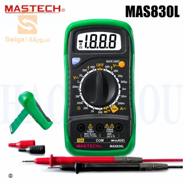 جهاز قياس رقمي متعدد للجيب 830 لتر، جهاز اختبار الجهد الكهربائي AC/DC MASTECH-MAS830L من BiensMAS830L هو أداء مستقر وموثوقية عالية وأداء مضاد للسقوط لمقياس رقمي متعدد محمول 3 1/2. يستخدم هذا المتر المتعدد شاشة LCD.يمكن استخدام هذا الجهاز لقياس جهد التيار المستمر والتيار المتردد والتيار المستمر والمقاومات والصمامات الثنائية والترانزستورات واختبار استمرارية الدائرة.يحتوي هذا الجهاز على إضاءة خلفية، ويمكن بسهولة قراءة عرض القيمة المُقاسة في مكان مظلم. سمات:شاشة ال سي دي: 1.8 بوصةالأعلى. العرض: 2000التوتر CC: 200 م/2 فولت +/- 0,5%، 20/200/600 فولت +/-0,8%التوتر CA: 200/600 فولت +/-1,5%تيار مستمر: 200 / 2 م / 20 مللي أمبير +/- 1.0%، 200 مللي أمبير +/- 2.0%، 10 أمبير +/- 3.0%المقاومة: 200 / 2K / 20K /200K / 2M أوم +/-1.0%مدعوم ببطارية 1 9V NEDA 1604 6F22 (غير متضمنة)اختبار الترانزستور hFE: 1 ~ 1000اختبار الصمام الثنائي والاحتفاظ بالبيانات2800دج0665955230فب👉viber watts