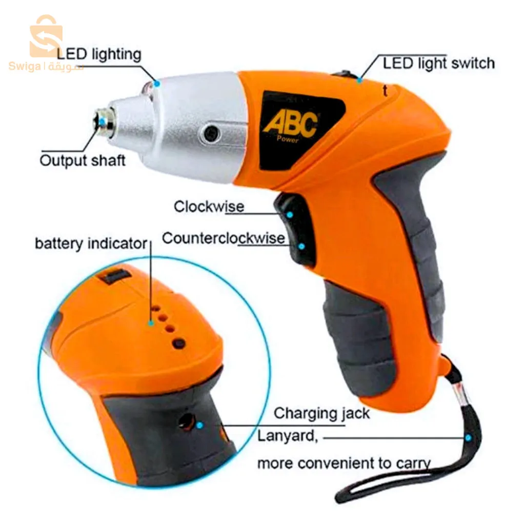 مفك براغي مثقاب ببطارية ليثيوم لاسلكية ABC 3.6 فولت قابل لإعادة الشحن مع 26 قطعة من بناء خفيف الوزنمفتاح منزلق للأمام/الخلفمن السهل التبديل من الشد إلى إزالة المسمارتصميم على شكل حرف T لسهولة التحكمبطارية ليثيوم أيون 1.5 أمبير. 3.6 فولتمدة الشحن: 3 – 5 ساعاتمؤشر LED لطاقة البطاريةمؤشر LED تم تصميم العمود الناعم القابل للتمديد للحفر اليدوي العاديموقف الحفر الكهربائيةحامل مثقاب سداسي واتصال مريحآلة حفر الآبارمريح الدرع يحمي اليدين بشكل كبير يدور حول المحور الداخلي بحريةالتصميم قابل للتغيير حسب المخزون المتوفر.لون برتقاليمع 26 قطعة من النصائح3700دج0665955230وق👉viber watts