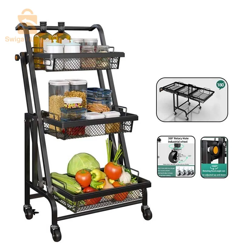 عربة تخزين للمطبخ،با 3طبقات ،قابلة للطي عالية التحمل