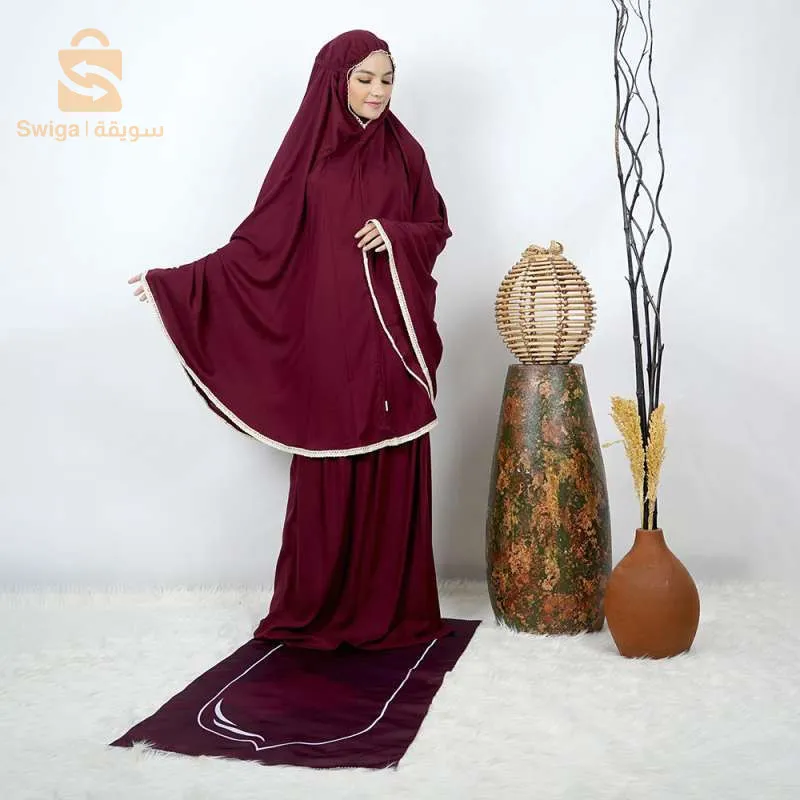 PACK طقم صلاة نسائي 4 قطع برداء فضفاض وسجادة مبطنة مع غلاف للمصحف + جهاز تسبيح رقمي محمول، سبحة صلاة مع عداد رقمي$👍
