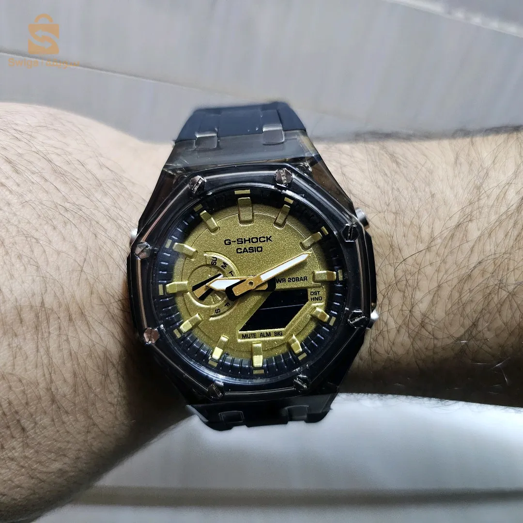 ساعة كاسيو جي شوك سوار سيليكون اسود خلفية ذهبية$👍